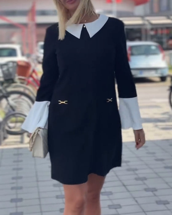 Elegant contrasting lapel bell sleeve dress