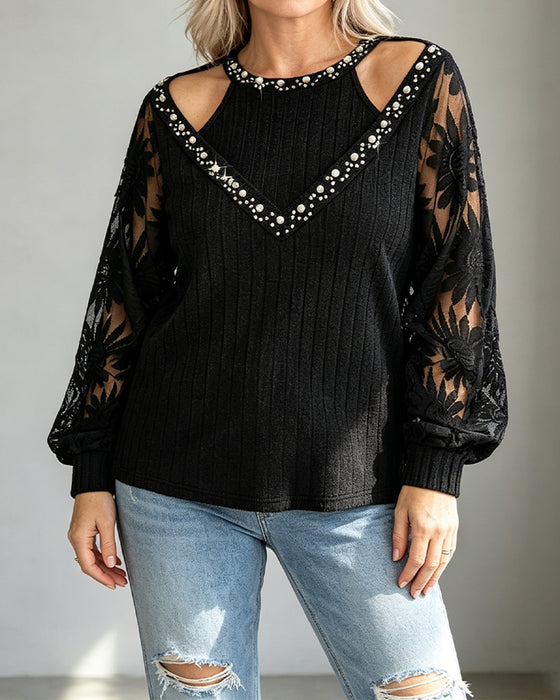 Pearl Hollow Lace Ribbed T-Shirt