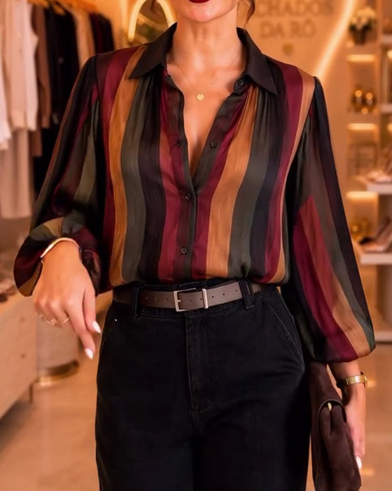 Retro Stripe Puff Sleeve Blouse
