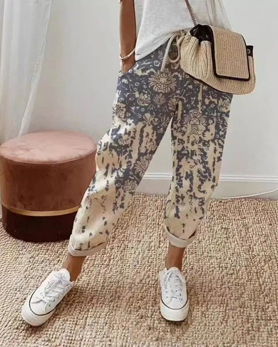 Retro Distressed Print Drawstring Casual Pants