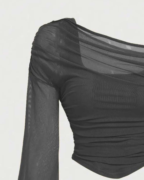Mesh Ruffled Long Sleeve Cami Blouse