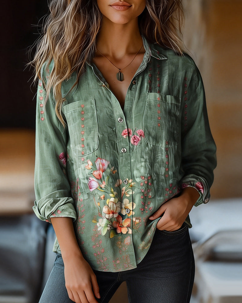 Floral Print Casual Lapel Blouse