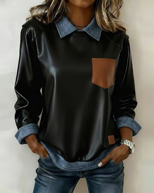 PU Color Block Lapel Sweatshirt