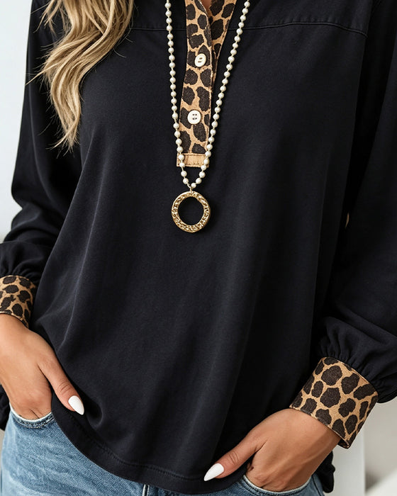 Leopard Print Lapel Patchwork Button Top