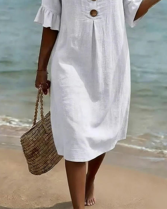 Button Ruffle Sleeve Cotton-Linen Dress