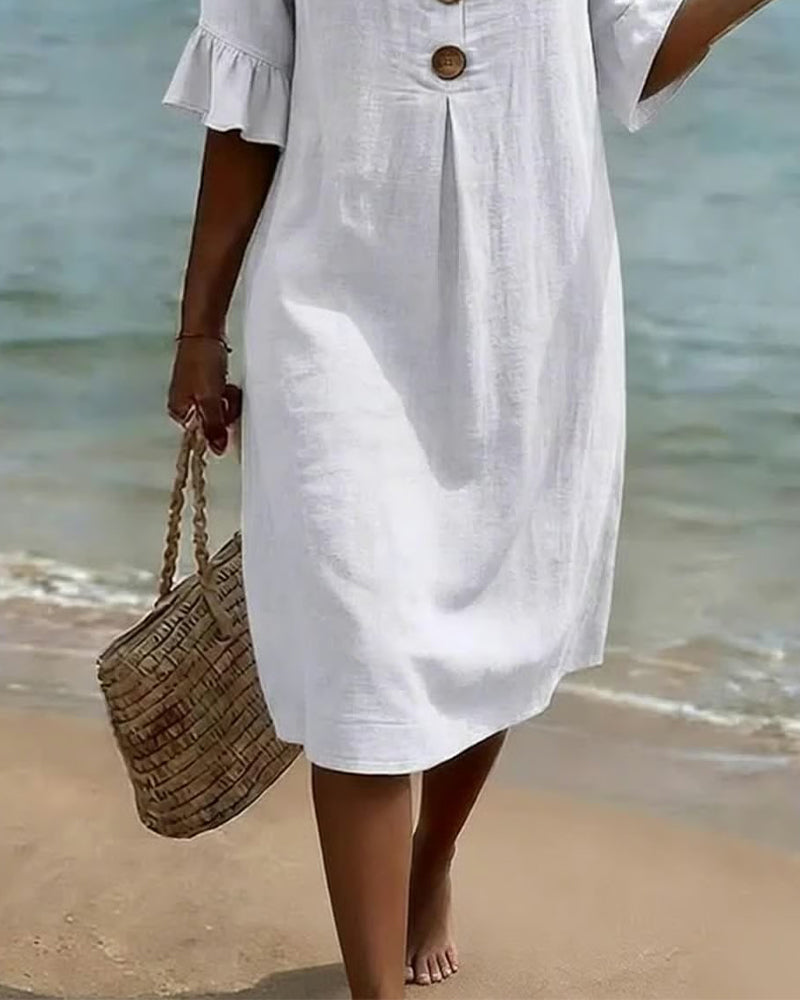 Button Ruffle Sleeve Cotton-Linen Dress