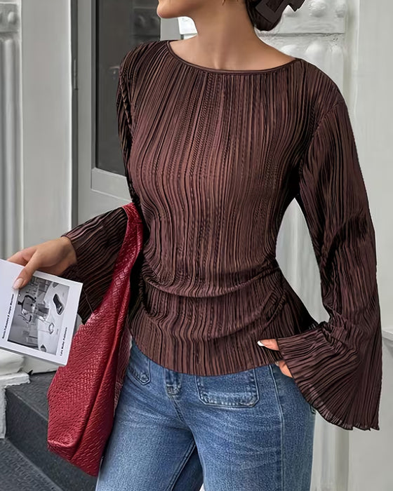 Solid Color Flare Sleeve Blouse