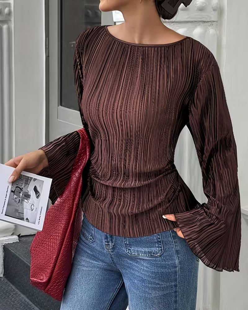 Solid Color Flare Sleeve Blouse