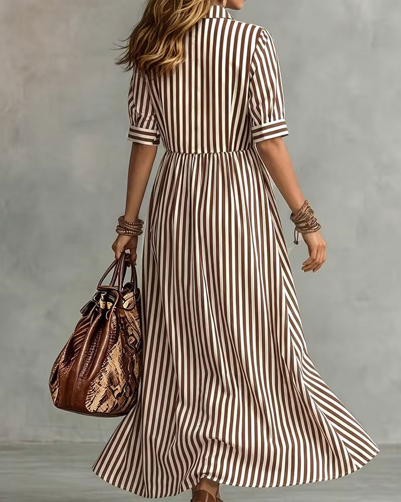 Shirt Collar Waist Striped Dress