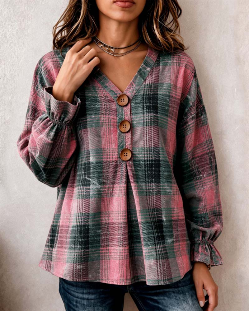 Plaid V-Neck Wooden Button Ruffle Sleeve Blouse