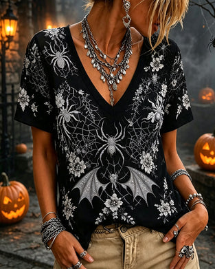 Printed V-Neck Short-Sleeved T-Shirt