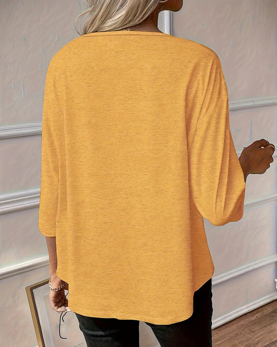 Sunflower Print Three-Quarter Sleeve Top