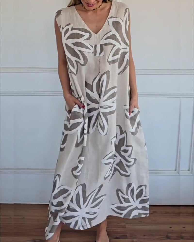 V-neck Abstract Floral Sleeveless Dress