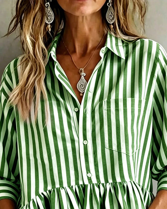 Casual Stripes Ruffle Blouse