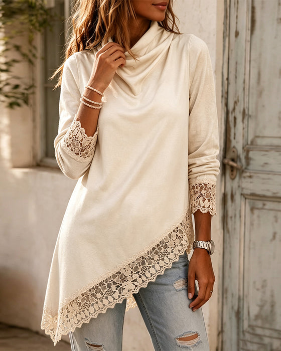 Mock Neck Lace Patchwork Irregular Top