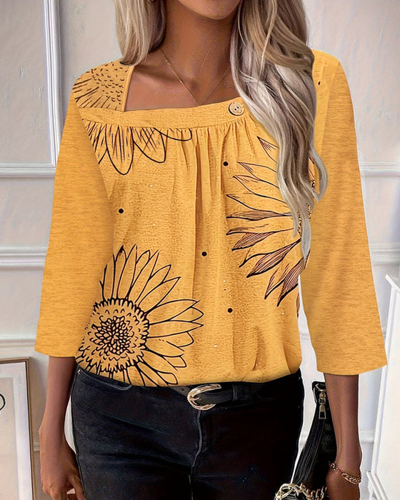 Sunflower Print Three-Quarter Sleeve Top