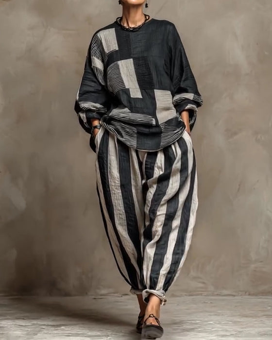 Casual Striped Round Neck Two-Piece Set
