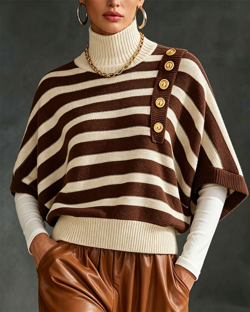 Turtleneck Button Striped Half Sleeve Sweater Pullover