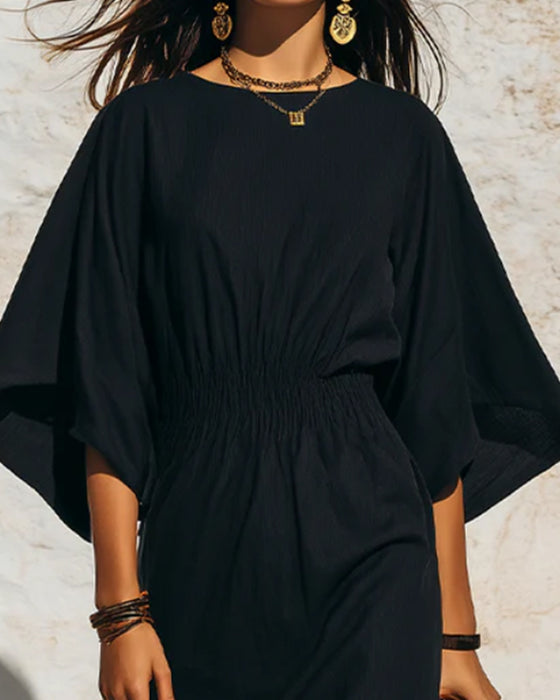 Flared Batwing Sleeve Fitted Waist Long Dress