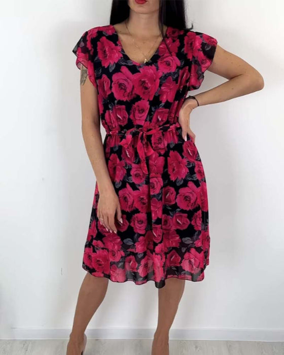Short-sleeved rose print dress