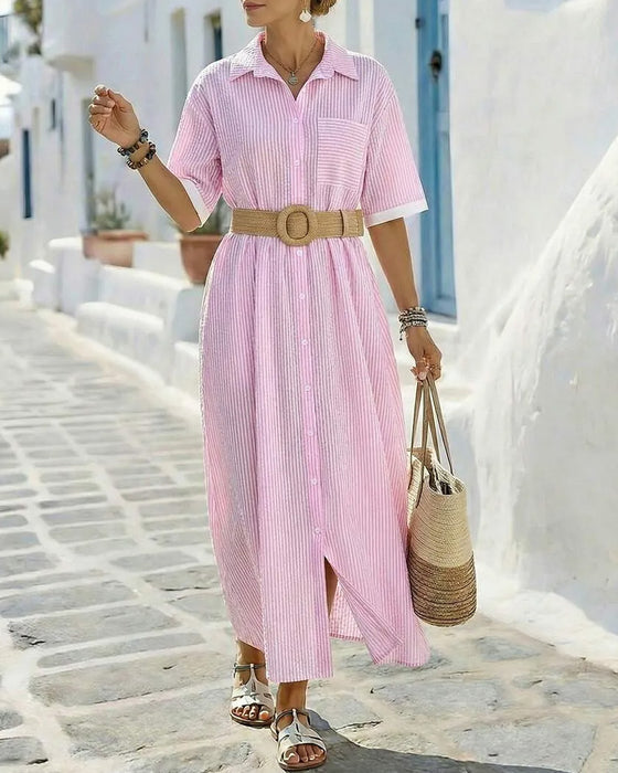 Striped Shirt Pocket Maxi Dress