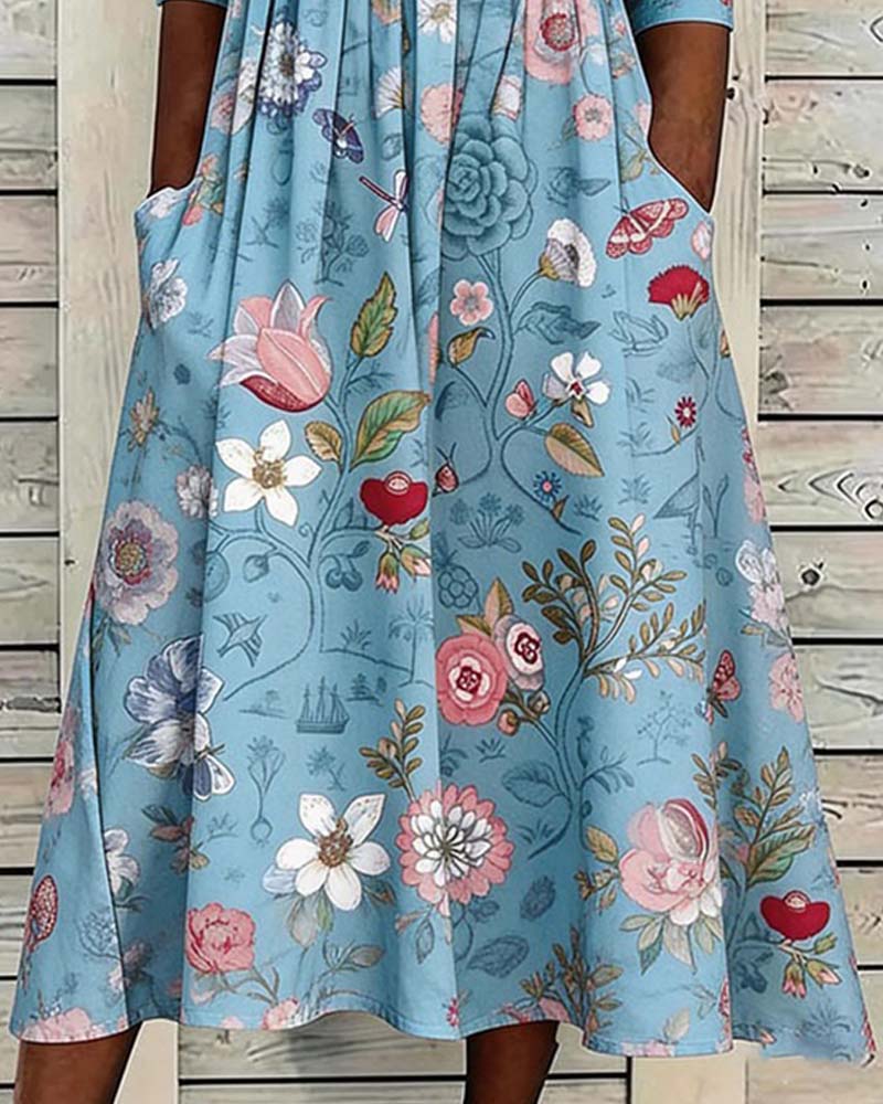 Round Neck Pleated Floral A-Hem Dress