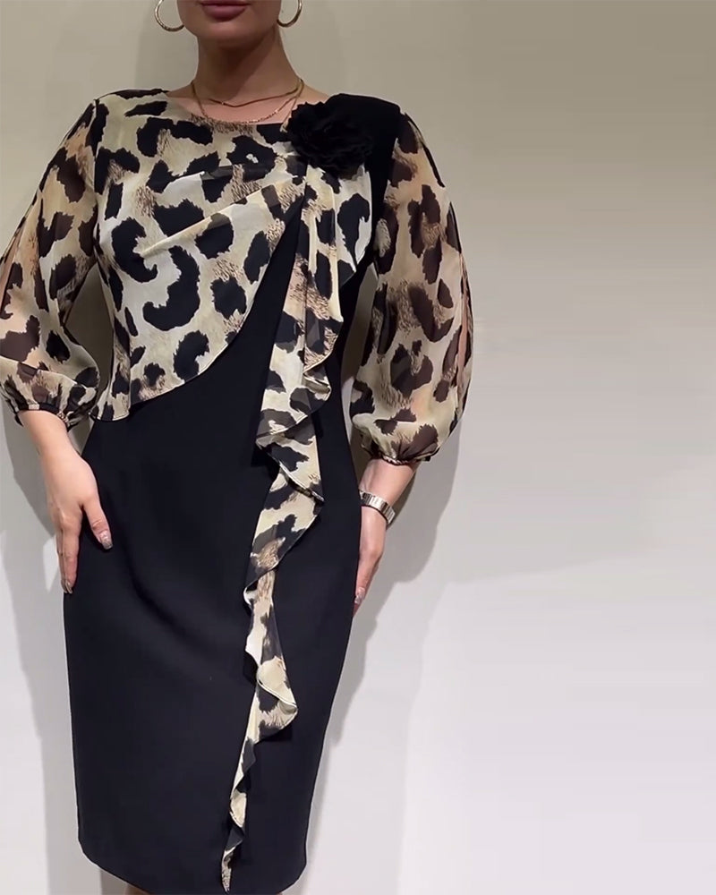 Leopard print splicing elegant dress