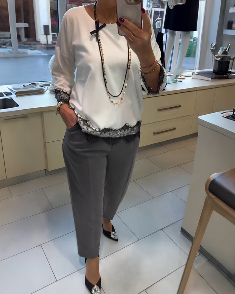 Lace Patchwork Crew Neck Top