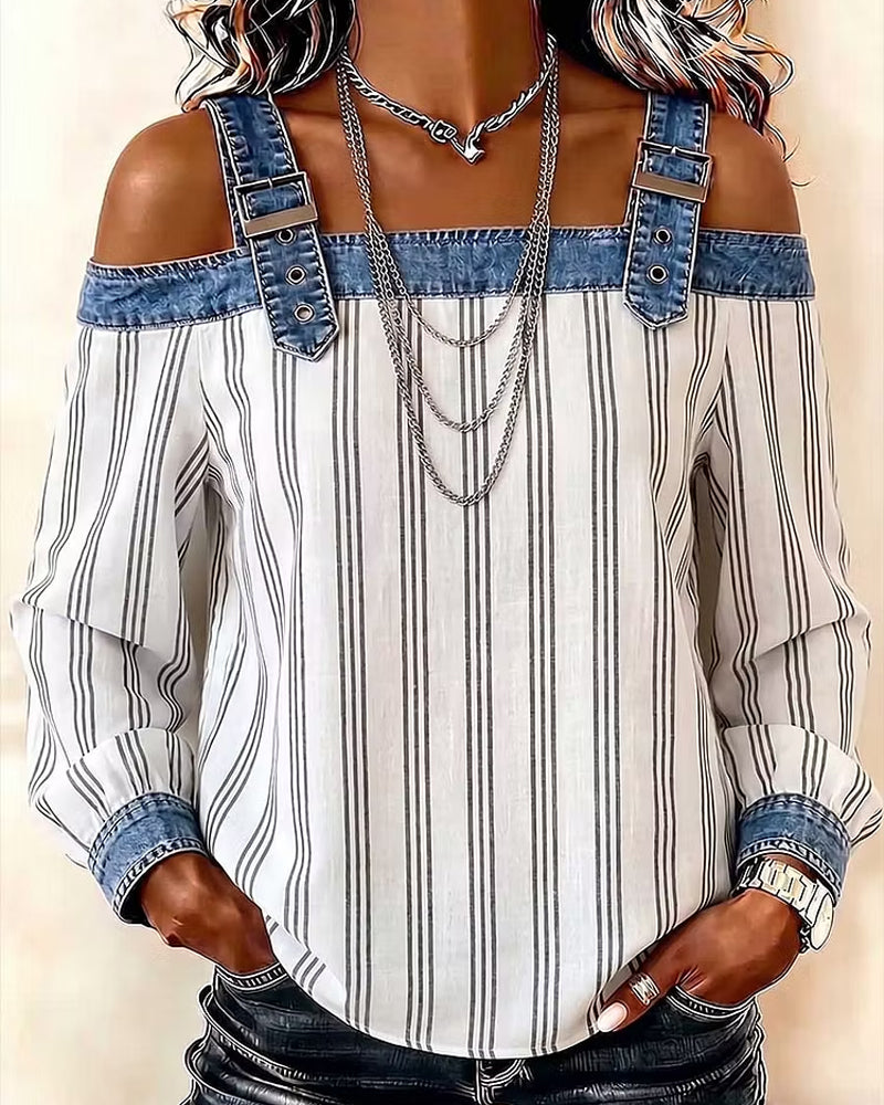 Denim Off-Shoulder Stripe Panel Blouse