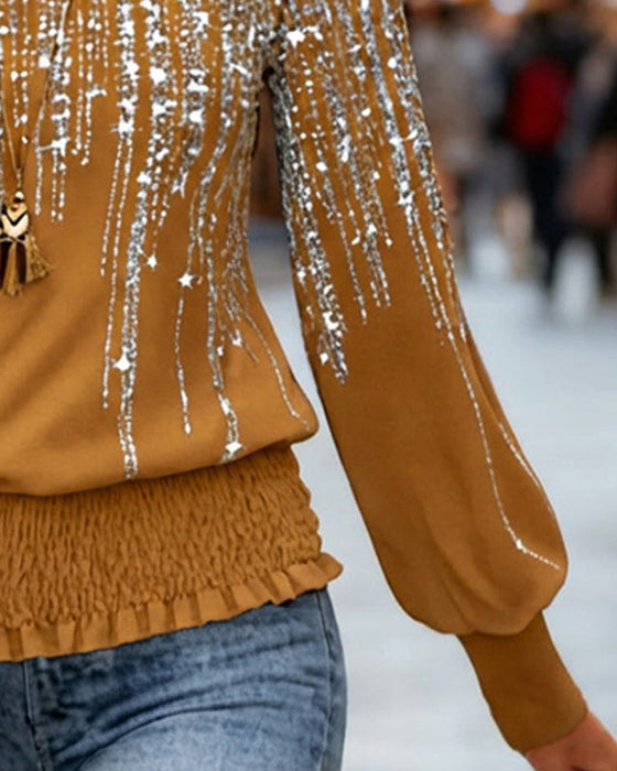 Round Neck Fashionable Printed Long-Sleeved Top