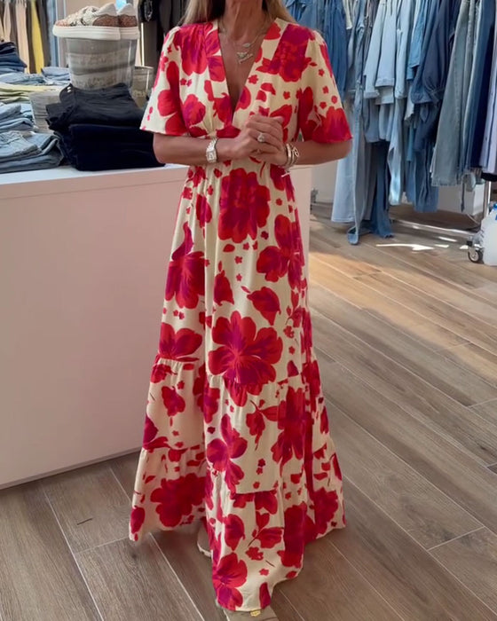 Deep V Resort Waist Printed Dress