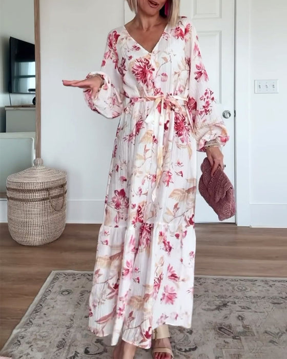 Elegant floral print bell sleeve lace-up dress