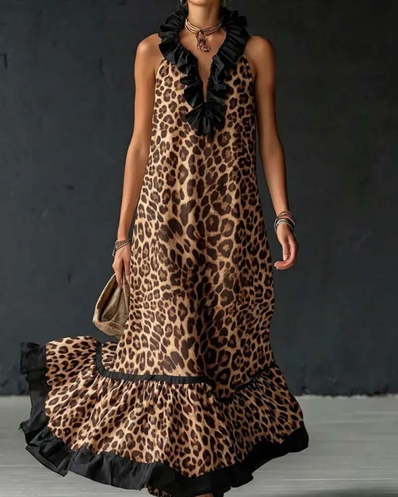 Sleeveless Ruffled Leopard Print Dress