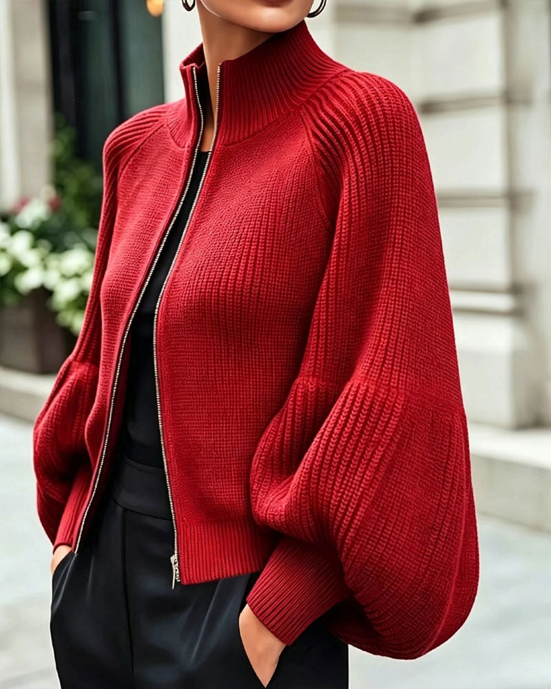 Stand-Collar Zipper Lantern Sleeve Coat