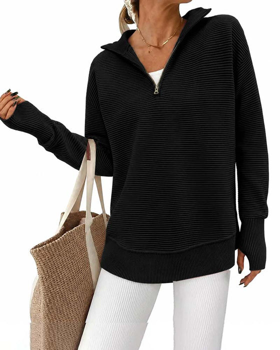 Collared Zipper Striped Long-Sleeve Sweatshirt