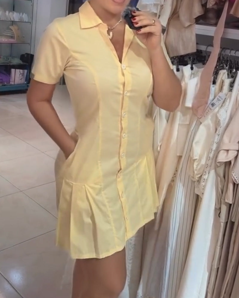 Solid Color Lapel Short Sleeve Shirt Dress