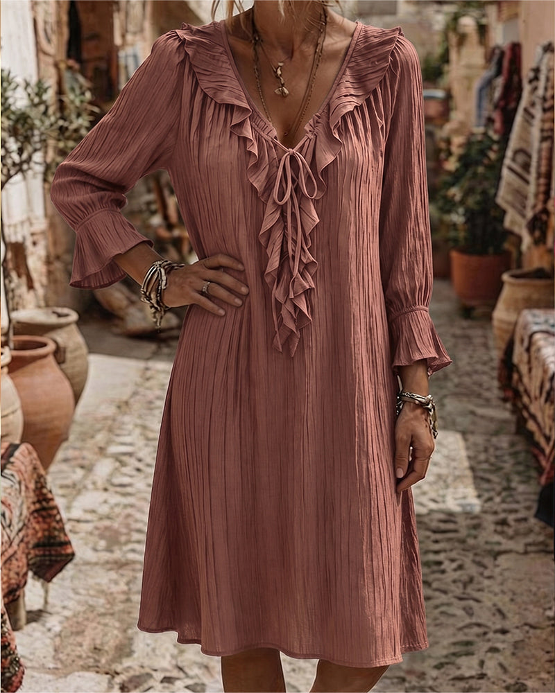 Ruffle Collar Tie Three Quarter Sleeve Dress