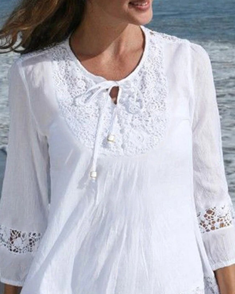 Crew Neck Tie Lace Patchwork Solid Blouse
