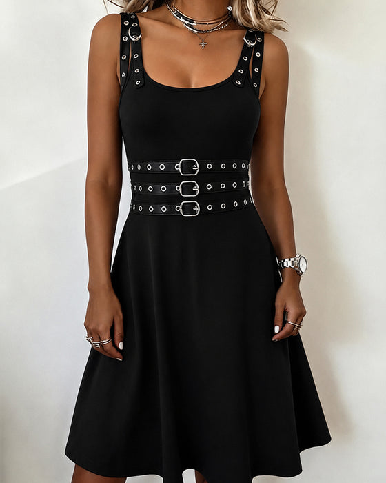 Square Neck Strappy Metal Ring Sleeveless Dress