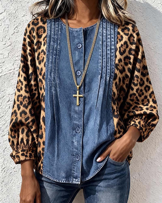Crew Neck Button Leopard Denim Patchwork Blouse