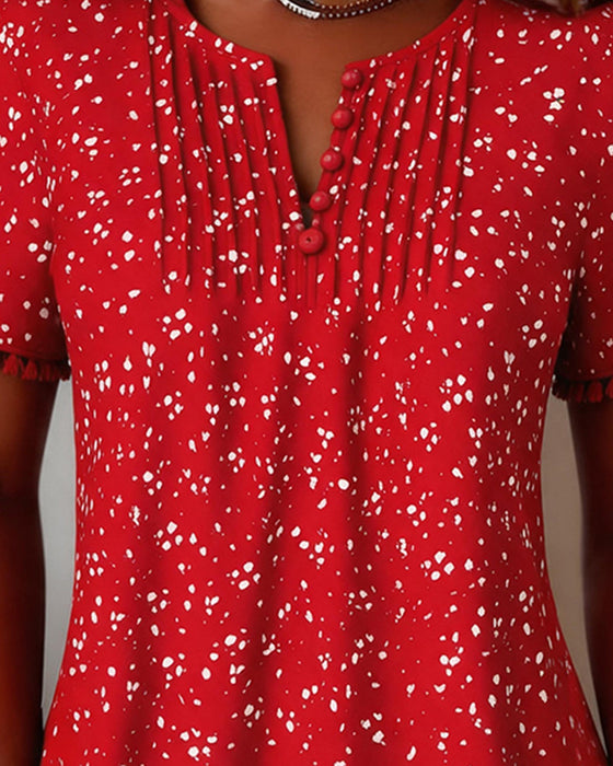 White Dot Fringe Short Sleeve Blouse