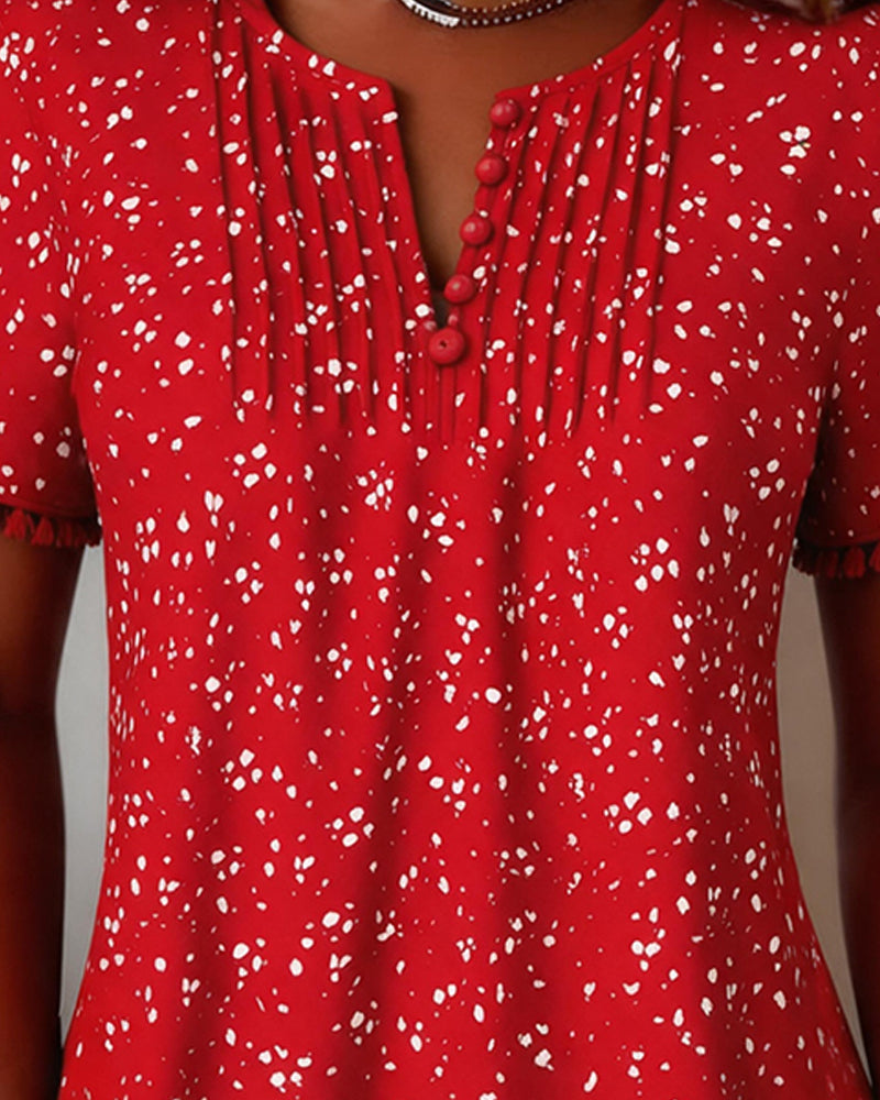 White Dot Fringe Short Sleeve Blouse