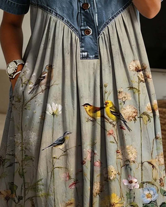 Shirt Collar Floral Denim Patchwork Dress