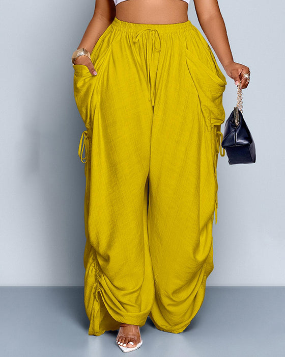 Solid Color Pleated High-Waist Wide-Leg Pants