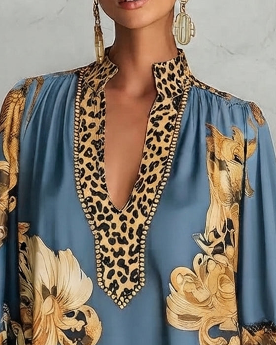Leopard Lantern Sleeve Stand Collar Print Dress