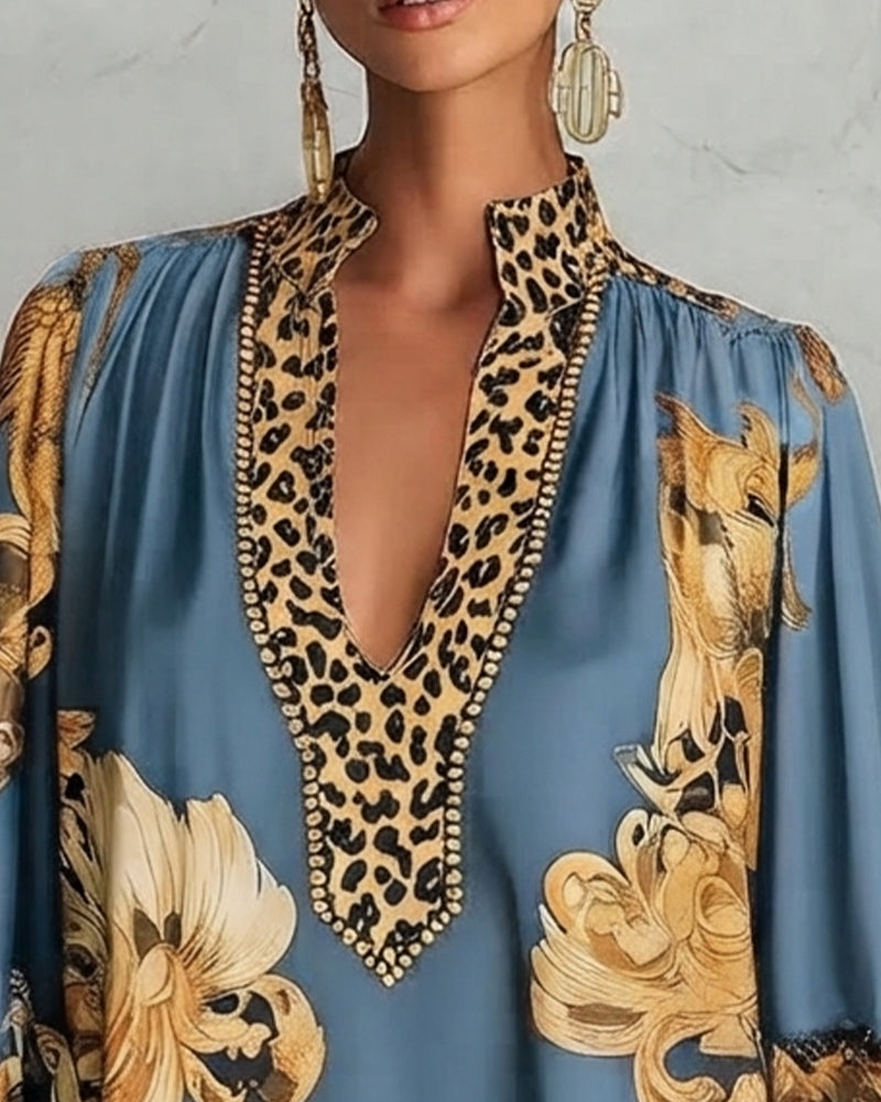 Leopard Lantern Sleeve Stand Collar Print Dress