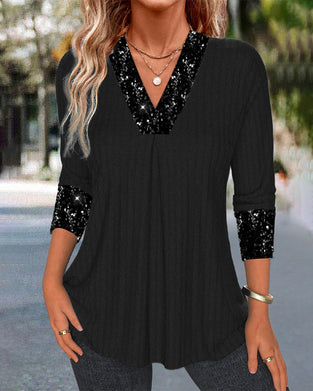 Casual solid color sequin patchwork pleated top