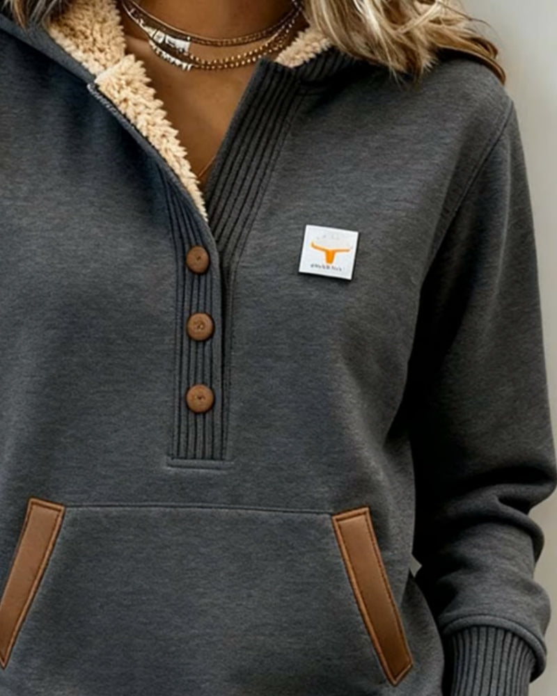 Color-Blocked Button-Down Collar Stylish Hooded Sweatshirt