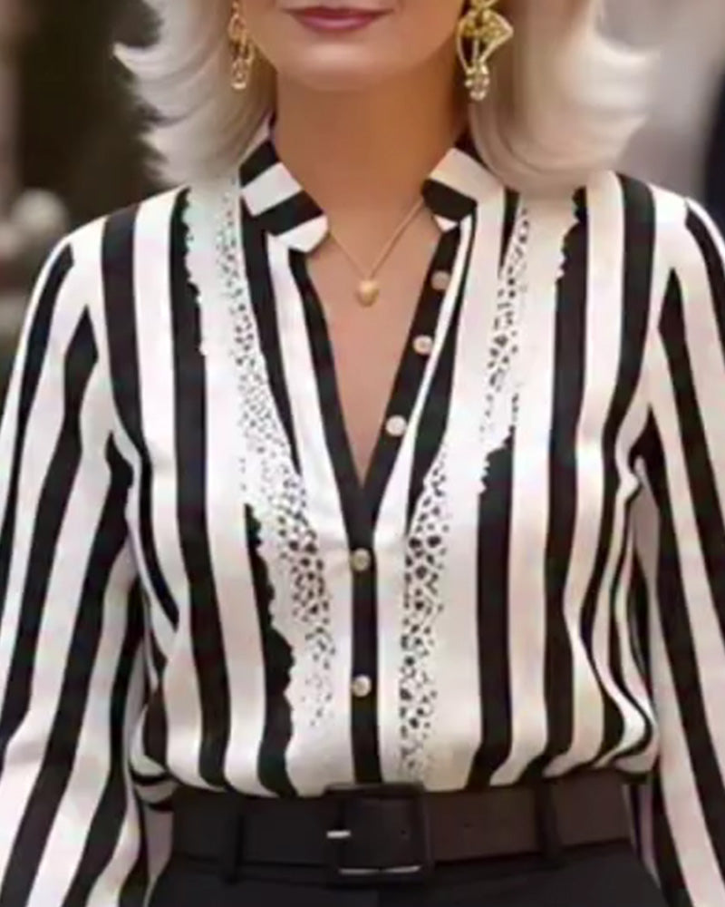 Lantern Sleeve Stand Collar Lace-Trimmed Shirt