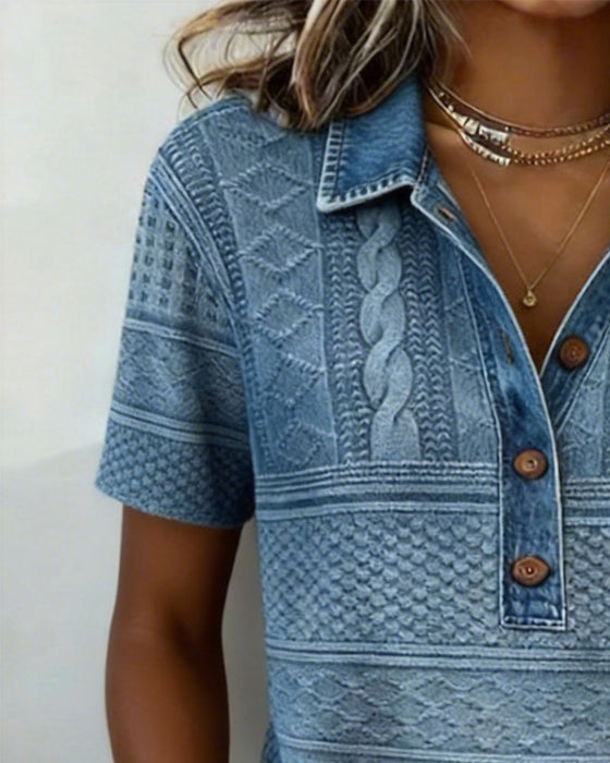 Turn-Down Collar Denim Printed T-Shirt